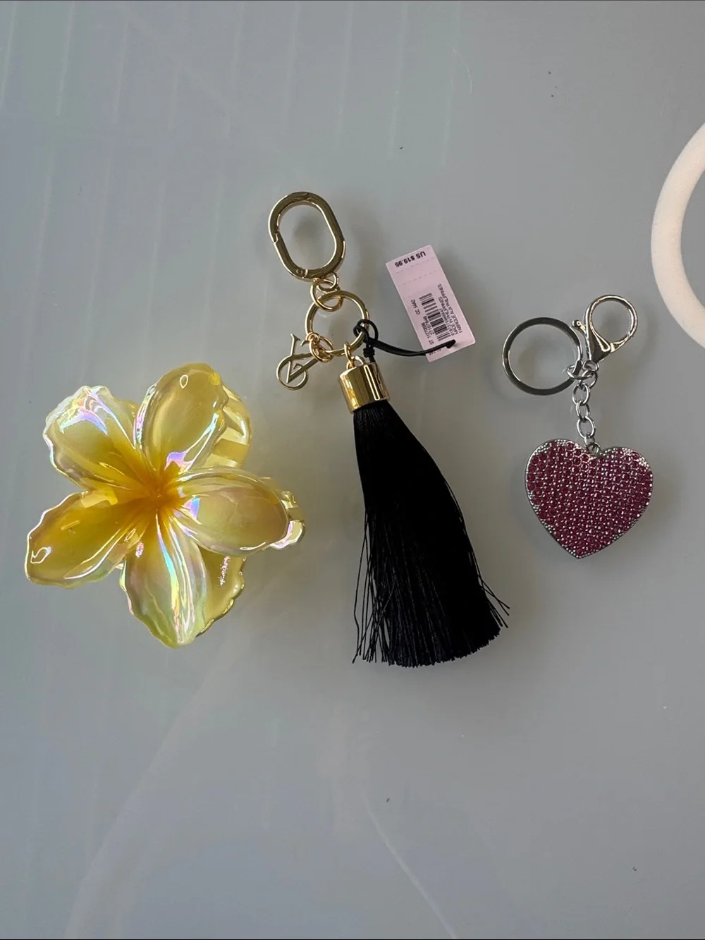 Victoria's Secret Black Tassel and flower and heart rhinestone bag charm lot